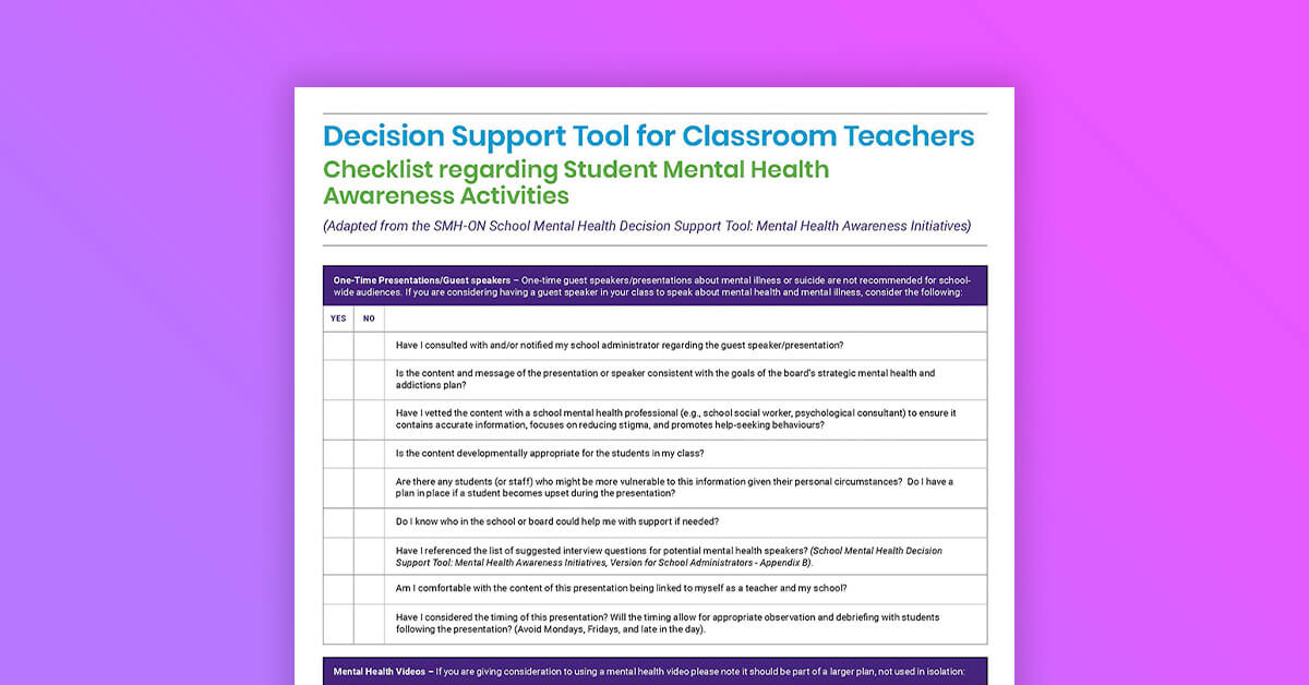 Decision Support Tool for Classroom Teachers - Checklist for Educators for the Planning of Student Mental Health-Related Activities