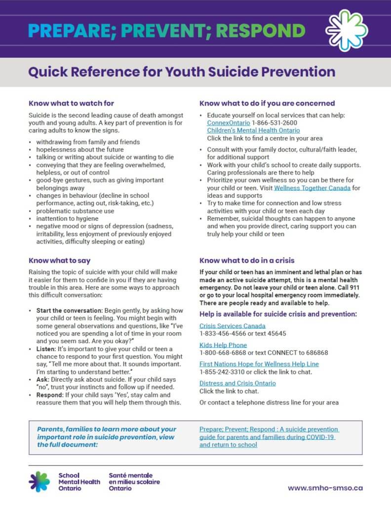 Prepare; Prevent; Respond: Quick Reference for Youth Suicide Prevention