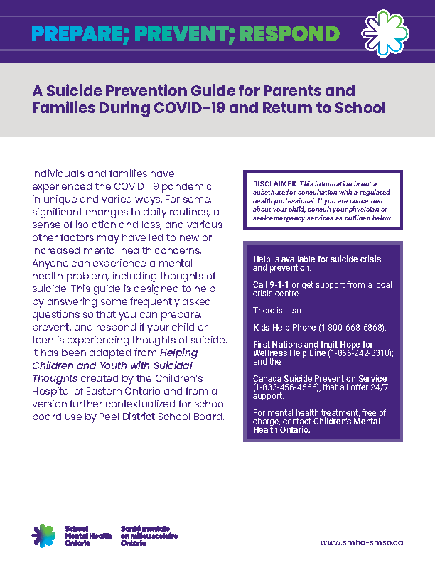 Prepare; Prevent; Respond; A Suicide Prevention Guide for Parents and Families During COVID-19 and Return to School