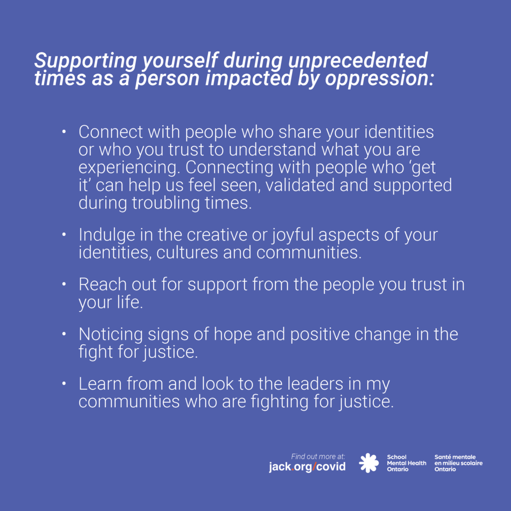 Text on how to support yourself as a person impacted by oppression. A full description follows.
