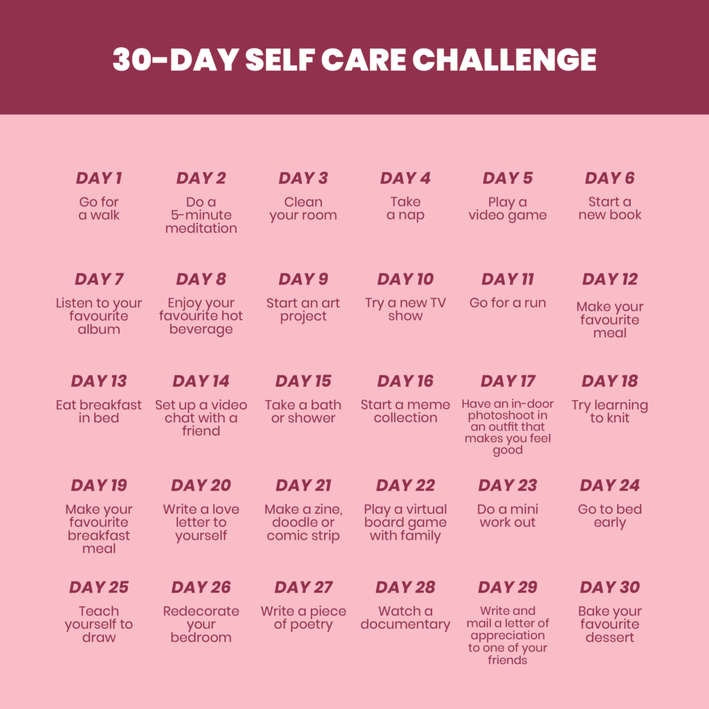 A calendar of self-care activities for each day. A full description follows.