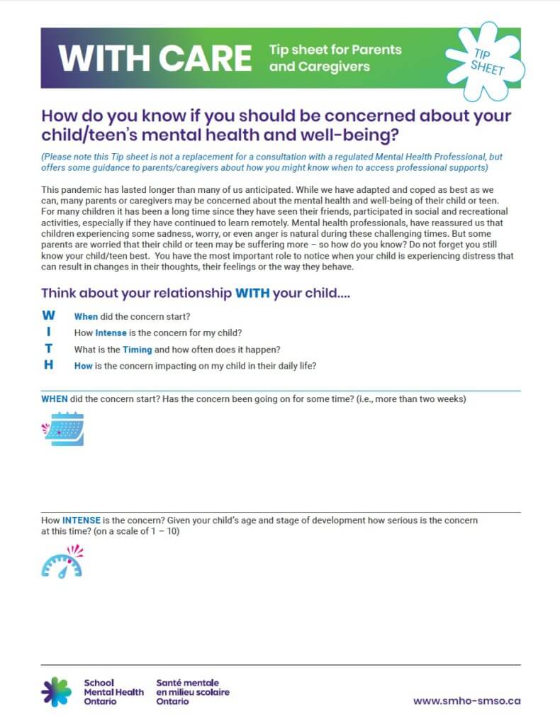 Tip Sheet for Parents and Caregivers: How do you know if you should be concerned about your child / teen’s mental health and well-being