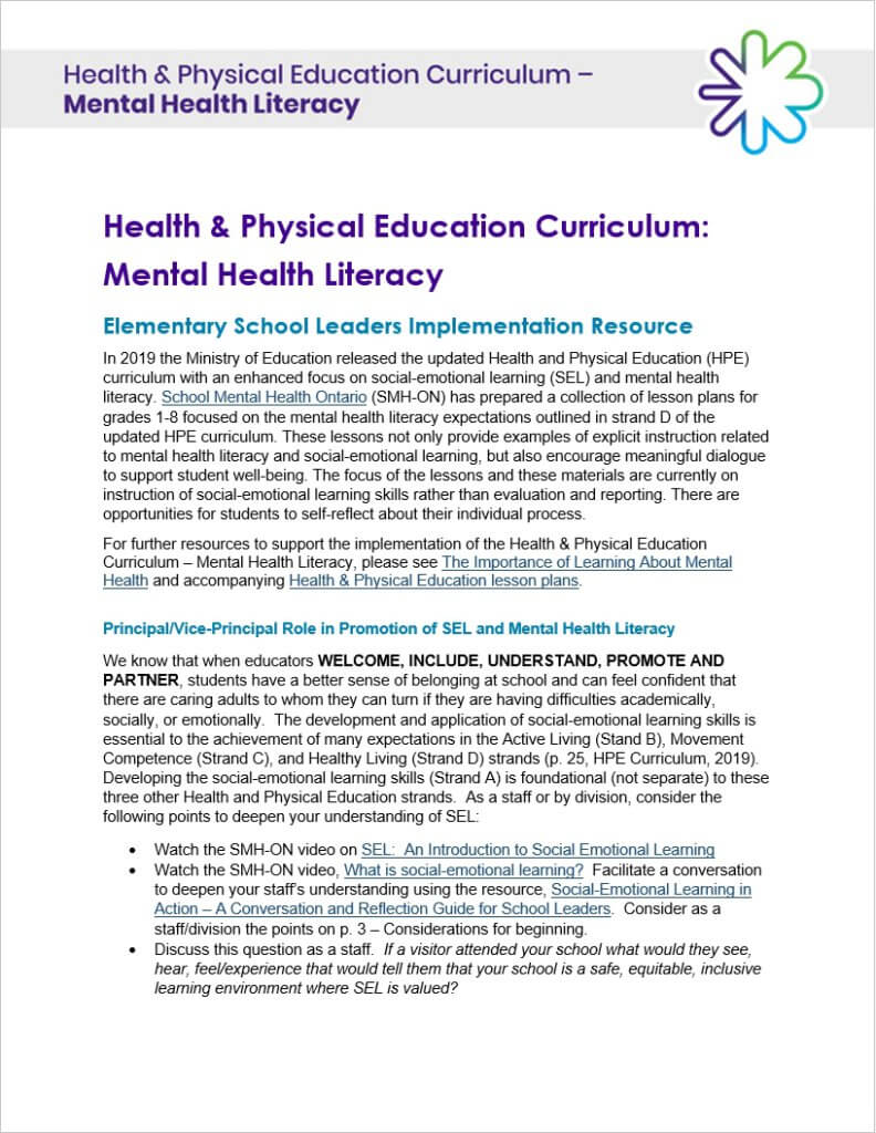 Health & Physical Education Curriculum: Mental Health Literacy