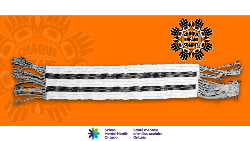 Image d’une ceinture de wampum à deux rangs et du logo « Chaque enfant compte » à l’appui de la Journée nationale de la vérité et de la réconciliation.
