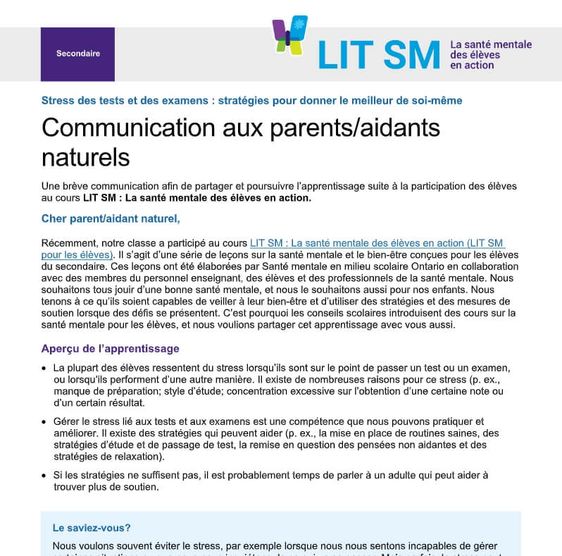 Stress des tests et des examens : stratégies pour donner le meilleur de soi-même Communication aux parents/aidants naturels