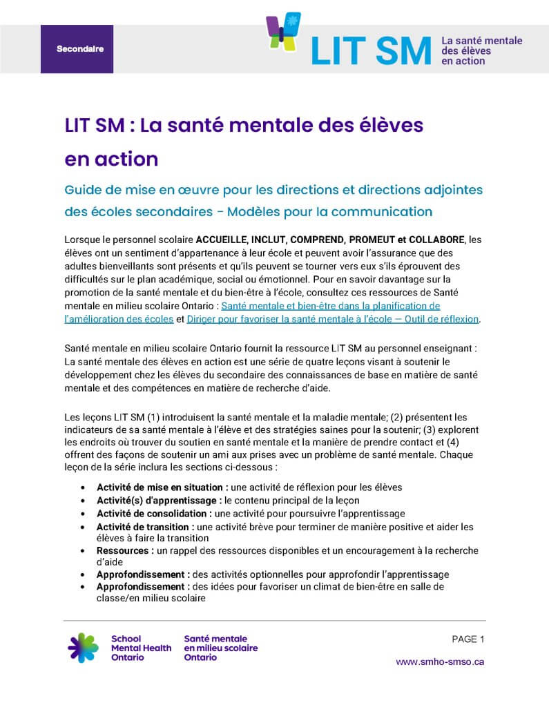 LIT SM : La santé mentale des élèves en action