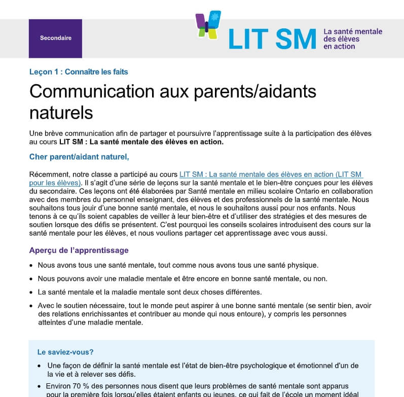Leçon 1 : Connaître les faits Communication aux parents/aidants naturels