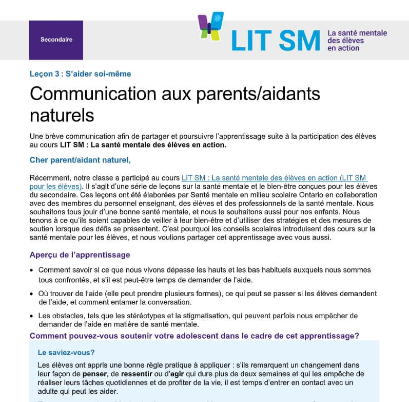 Leçon 3 : S’aider soi-même Communication aux parents/aidants naturels