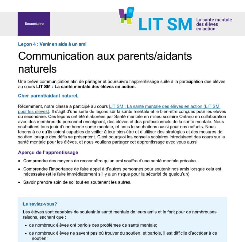 Leçon 4 : Venir en aide à un ami Communication aux parents/aidants naturels