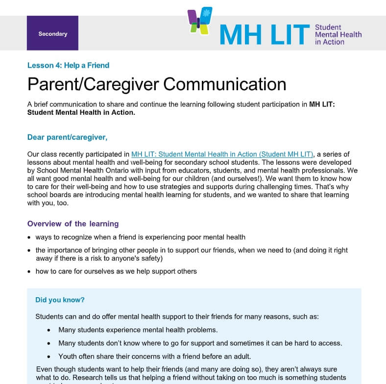Lesson 4: Help a Friend Parent/Caregiver Communication