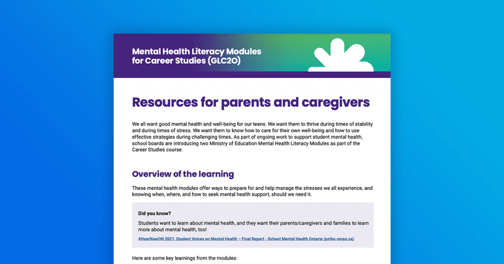 Mental Health Literacy Modules for Career Studies (GLC2O): Resources for parents and caregivers