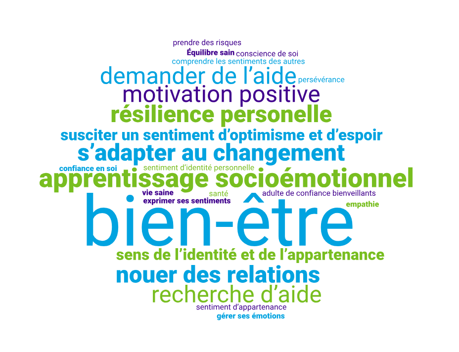 Un graphique de mots listant des mots et des phrases comme exemples d'apprentissage de la santé mentale dans les salles de classe de l'Ontario.