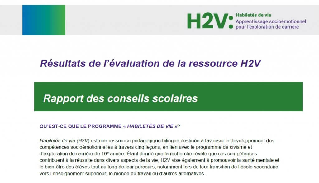 Résultats de l’évaluation de la ressource H2V