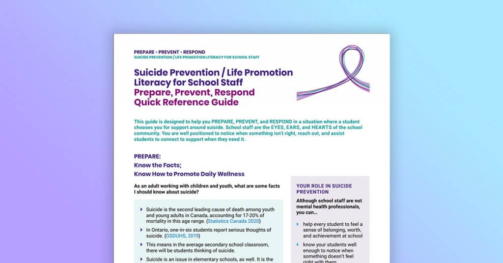 Prepare; Prevent; Respond: Suicide Prevention/Life Promotion Literacy for School Staff Quick Reference Guide for School Staff