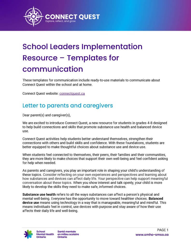 School leaders implementation resource - templates for communication