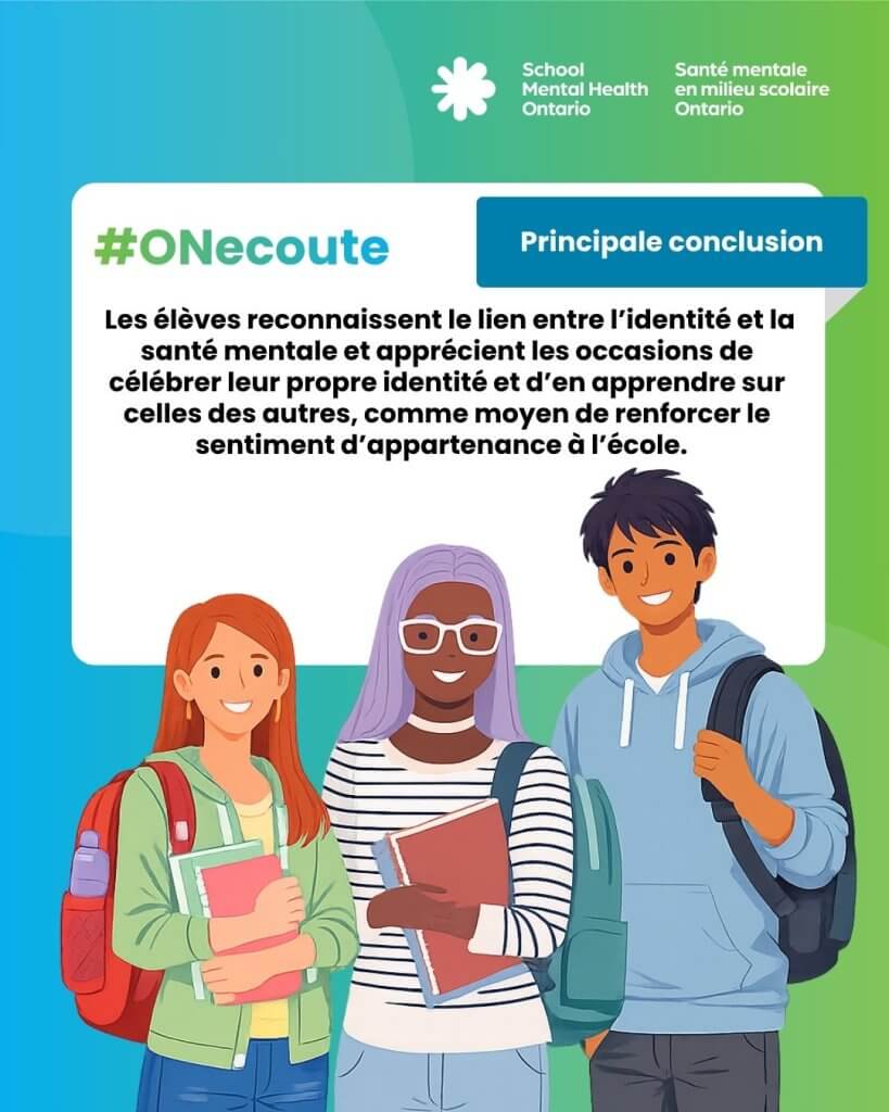 Les élèves reconnaissent le lien entre l’identité et la santé mentale et apprécient les occasions de célébrer leur propre identité et d’en apprendre sur celles des autres, comme moyen de renforcer le sentiment d’appartenance à l’école.
