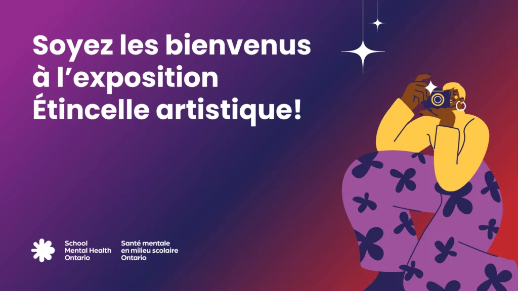 Illustration d'un élève prenant une photo avec un appareil photo.
Texte de l’image : Soyez les bienvenus à l’exposition Étincelle artistique!